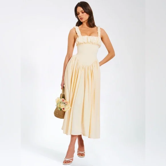 NWT Noreen cream / pastel yellow Satin Corset midi / Maxi formal Sundress - Picture 10 of 16